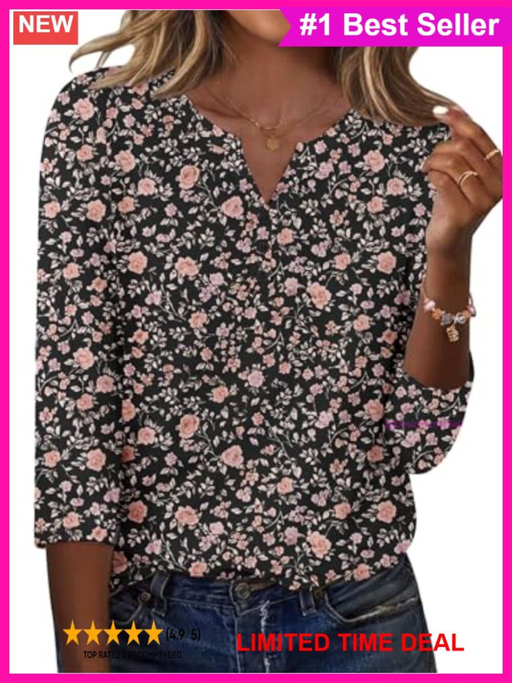 Zeagoo Womens 3/4 Sleeve Henley Blouse Loose Fit Casual Top